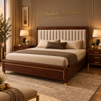 Vertical-channel mahogany bed in an elegant cream and gold bedroom