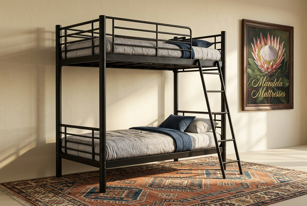 Straight-post steel double-decker in afternoon light with botanical wall art