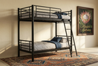 Straight-post steel double-decker in afternoon light with botanical wall art