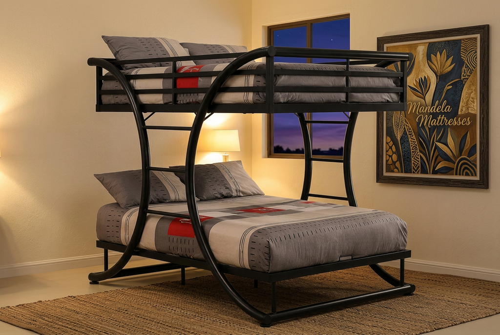 Black curved-frame metal double-decker bed in a warm Kenyan bedroom with African-inspired Mandela Mattresses artwork
