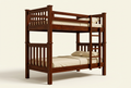 Straight-post mahogany double-decker bed with lattice end and wooden ladder on ivory studio background