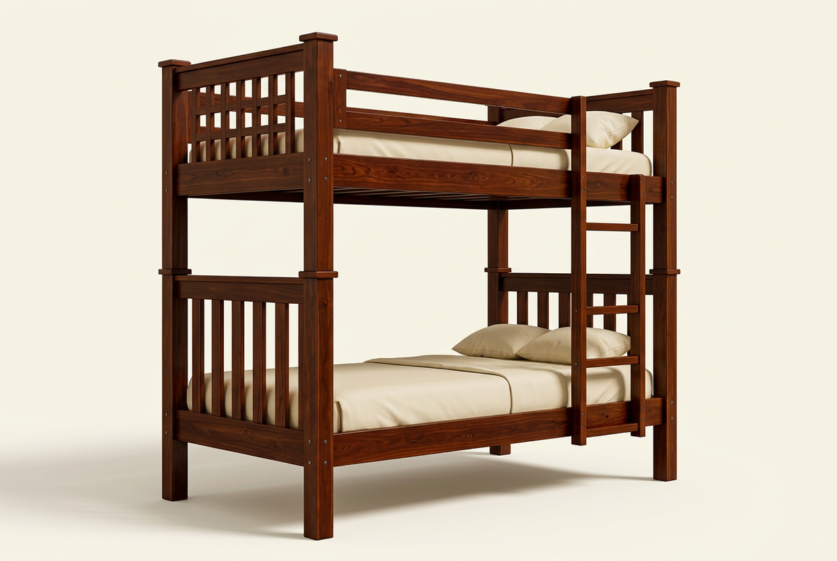 Straight-post mahogany double-decker bed with lattice end and wooden ladder on ivory studio background