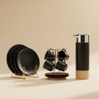 Black Ribbed Breakfast Set | 6 Plates, 6 Tea Cups & 2L Flask