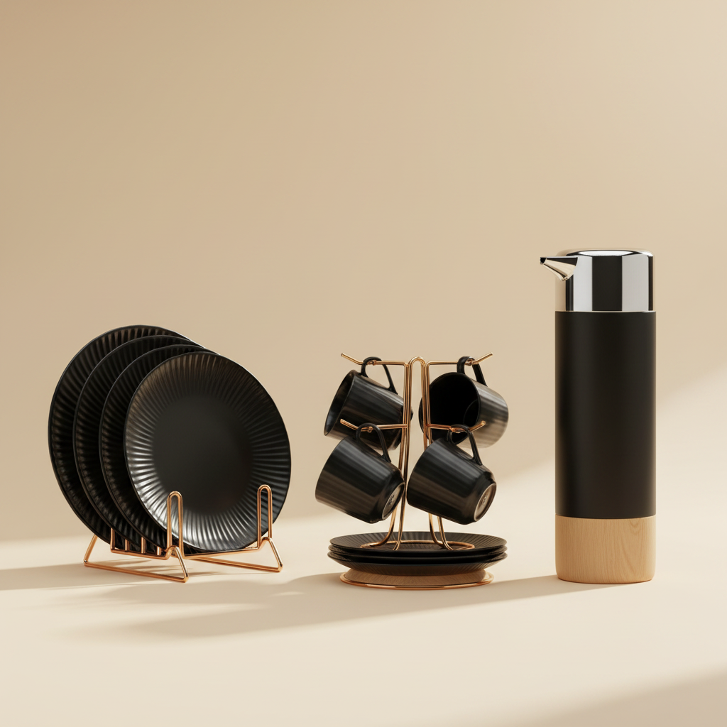 Black Ribbed Breakfast Set | 6 Plates, 6 Tea Cups & 2L Flask