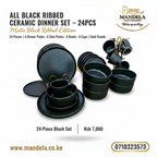 All Black Ribbed 24-Piece Ceramic Dinner Set