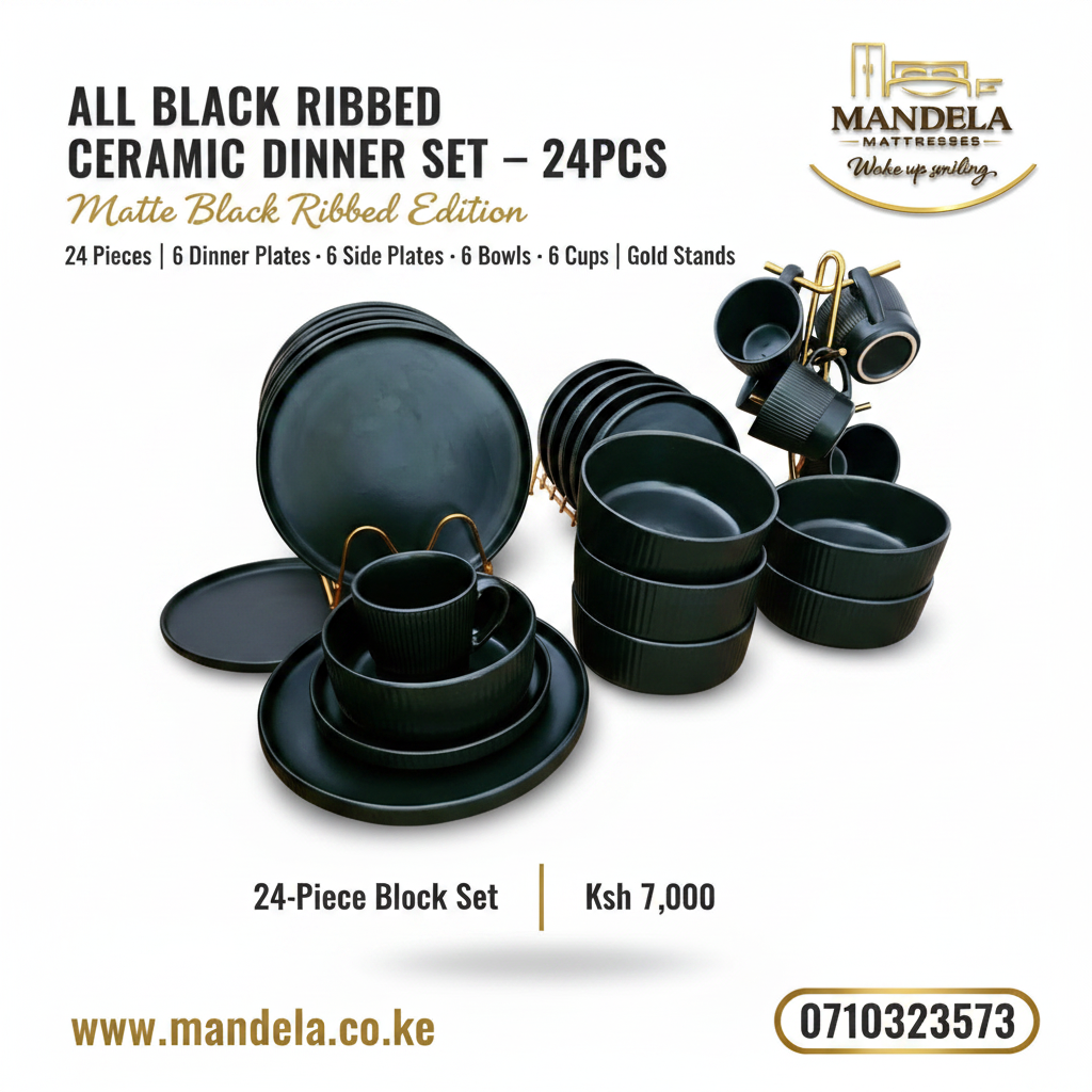 All Black Ribbed 24-Piece Ceramic Dinner Set