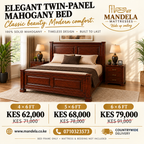 Twin-panel mahogany bed prices: 4 by 6 KES 62,000, 5 by 6 KES 68,000 and 6 by 6 KES 79,000