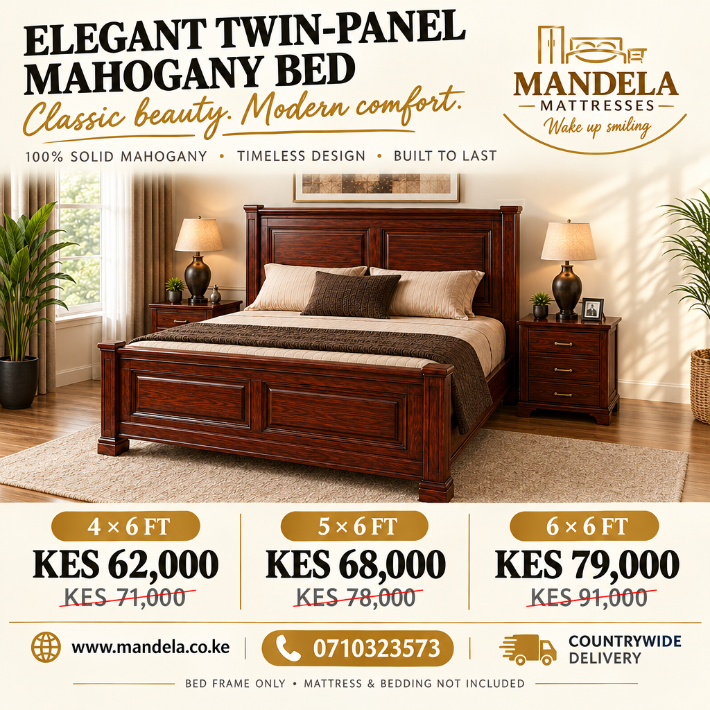 Twin-panel mahogany bed prices: 4 by 6 KES 62,000, 5 by 6 KES 68,000 and 6 by 6 KES 79,000