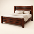 Bold horizontal-slat solid mahogany bed with matching slatted footboard in studio
