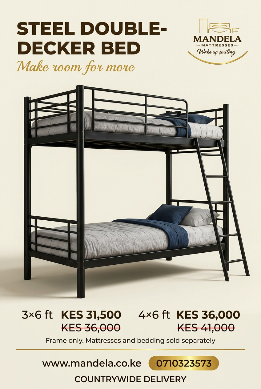 Steel double-decker bed Kenya prices: 3×6 KES 31500 and 4×6 KES 36000
