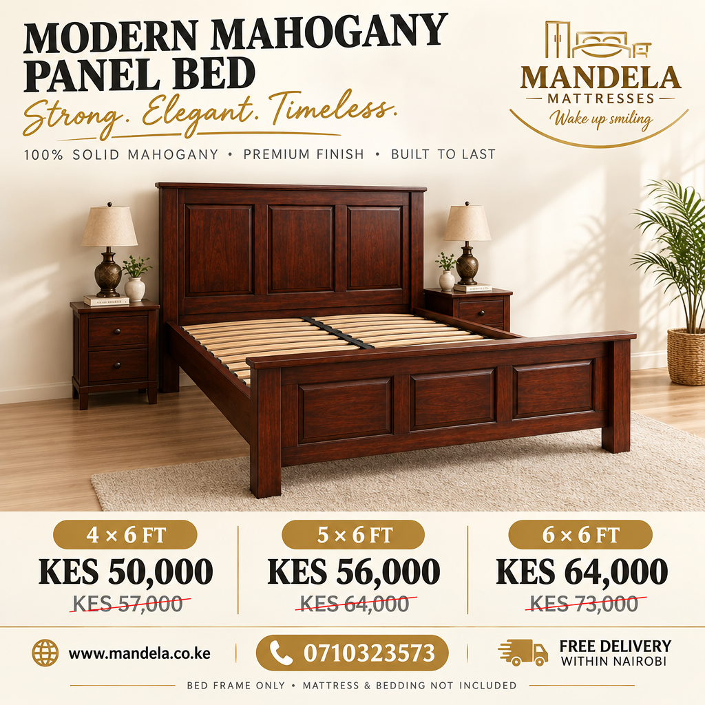 Modern solid mahogany panel bed prices in Kenya for 4 by 6, 5 by 6 and 6 by 6 foot sizes