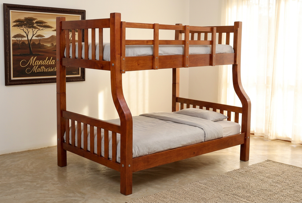Mahogany double-decker bed styled in a bright bedroom