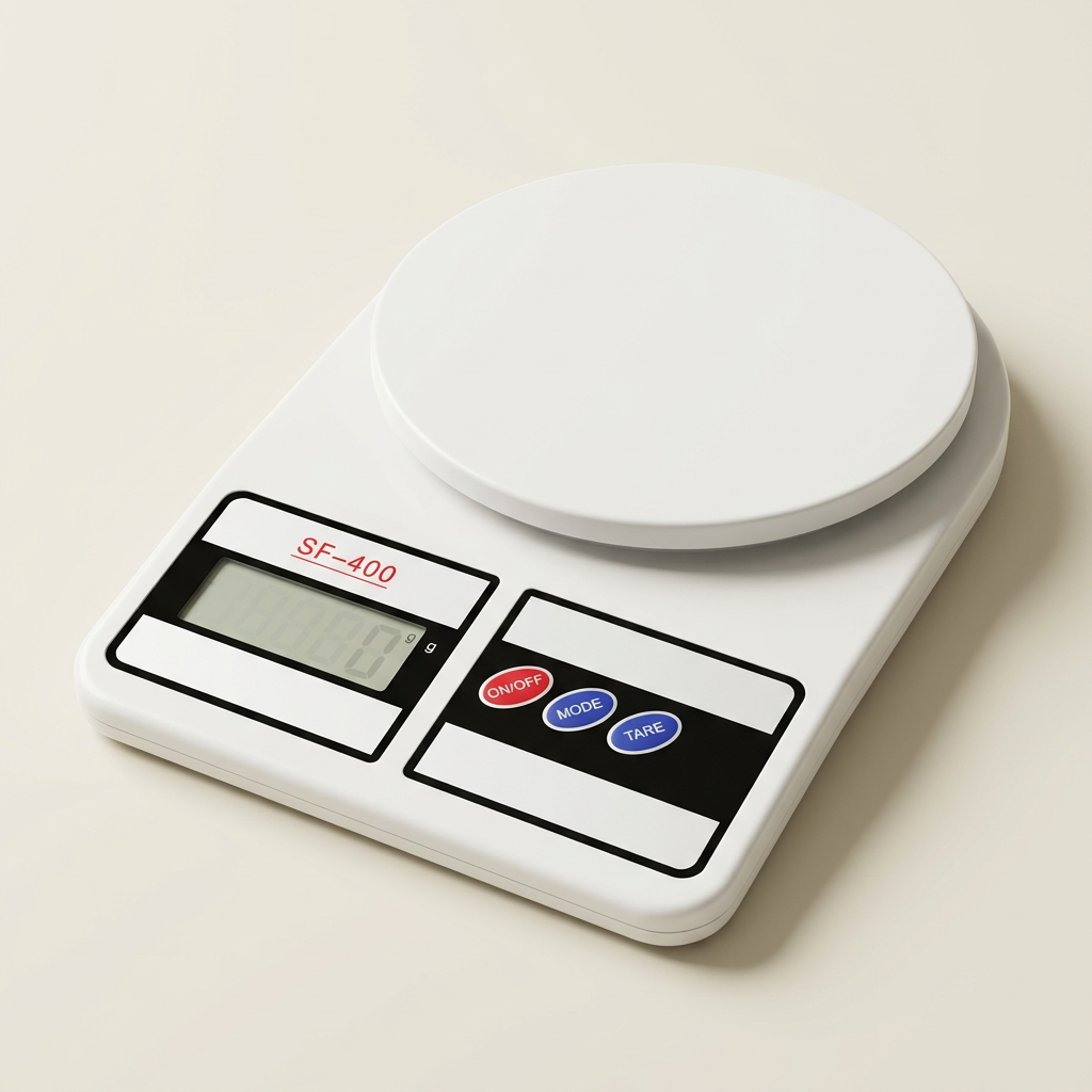 White SF-400 digital kitchen scale with LCD display and three controls