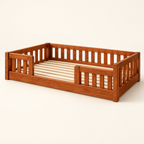 Warm brown wooden Montessori baby bed frame without mattress