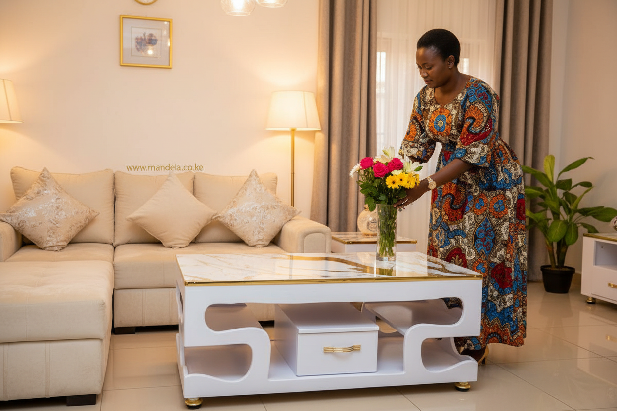 Executive White Coffee Table with Gold Marble Topping