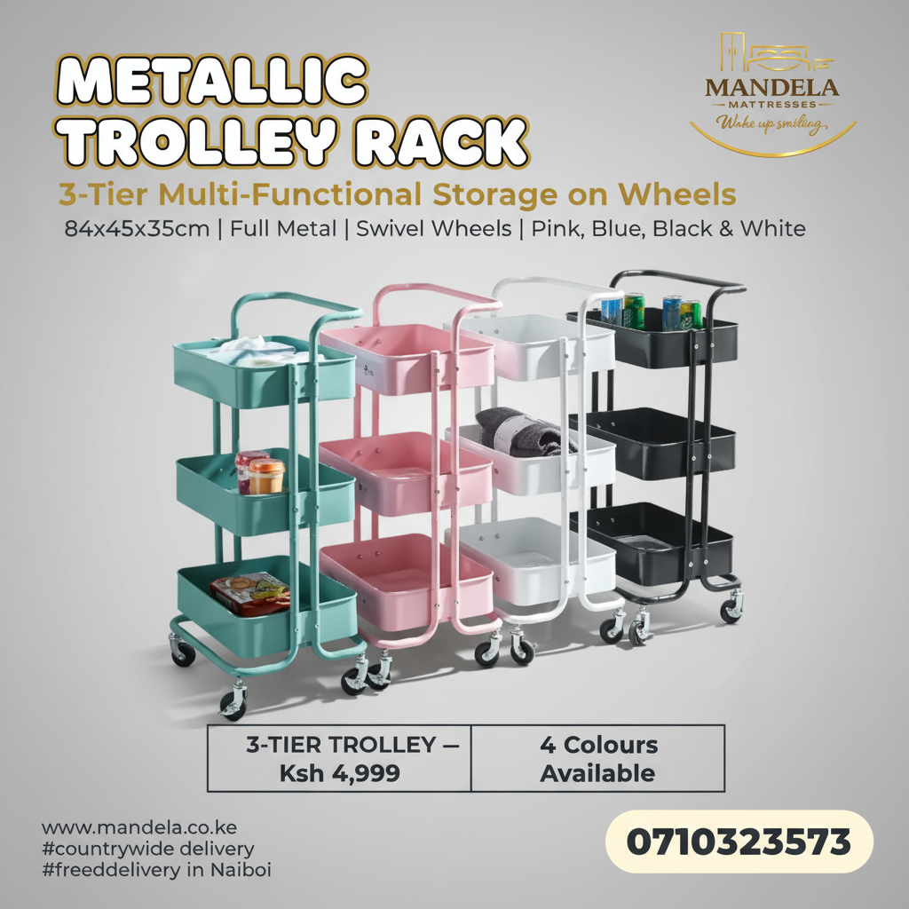 3-Tier Metallic Rolling Trolley Storage Rack