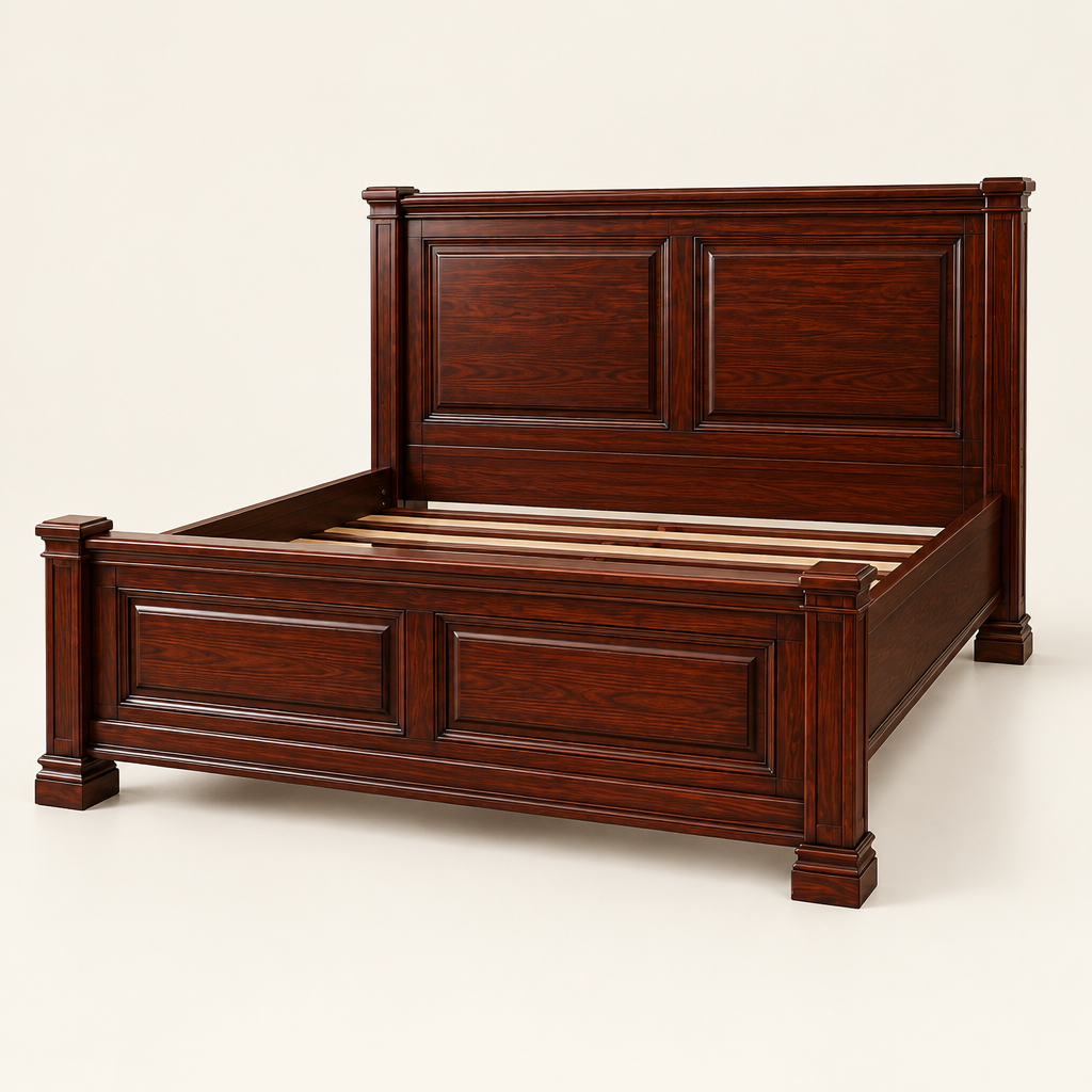 Elegant twin-panel solid mahogany bed in a clean studio