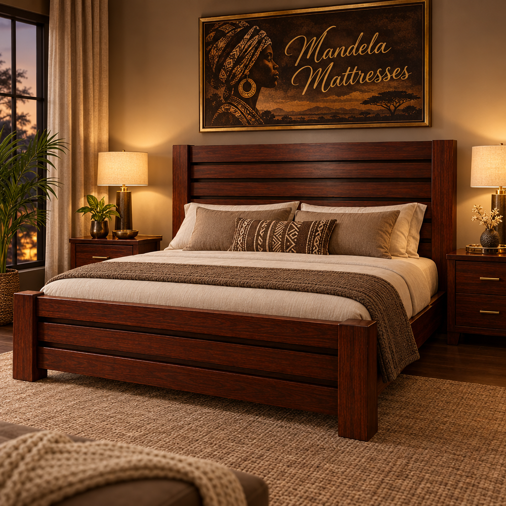 Horizontal-slat solid mahogany bed in a warm evening bedroom with Mandela Mattresses artwork