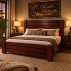 Horizontal-slat solid mahogany bed in a warm evening bedroom with Mandela Mattresses artwork