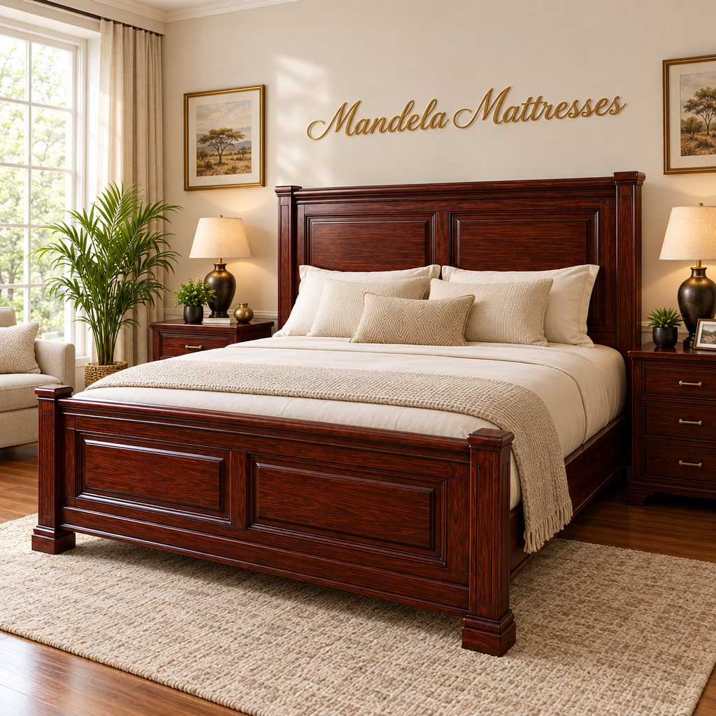 Elegant twin-panel mahogany bed in a warm Mandela Mattresses bedroom