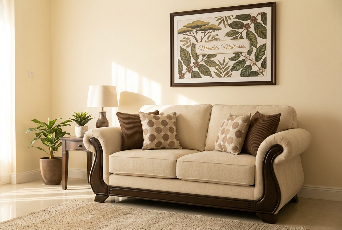 Cream two-seater rolled-arm fabric sofa in an afternoon sitting room