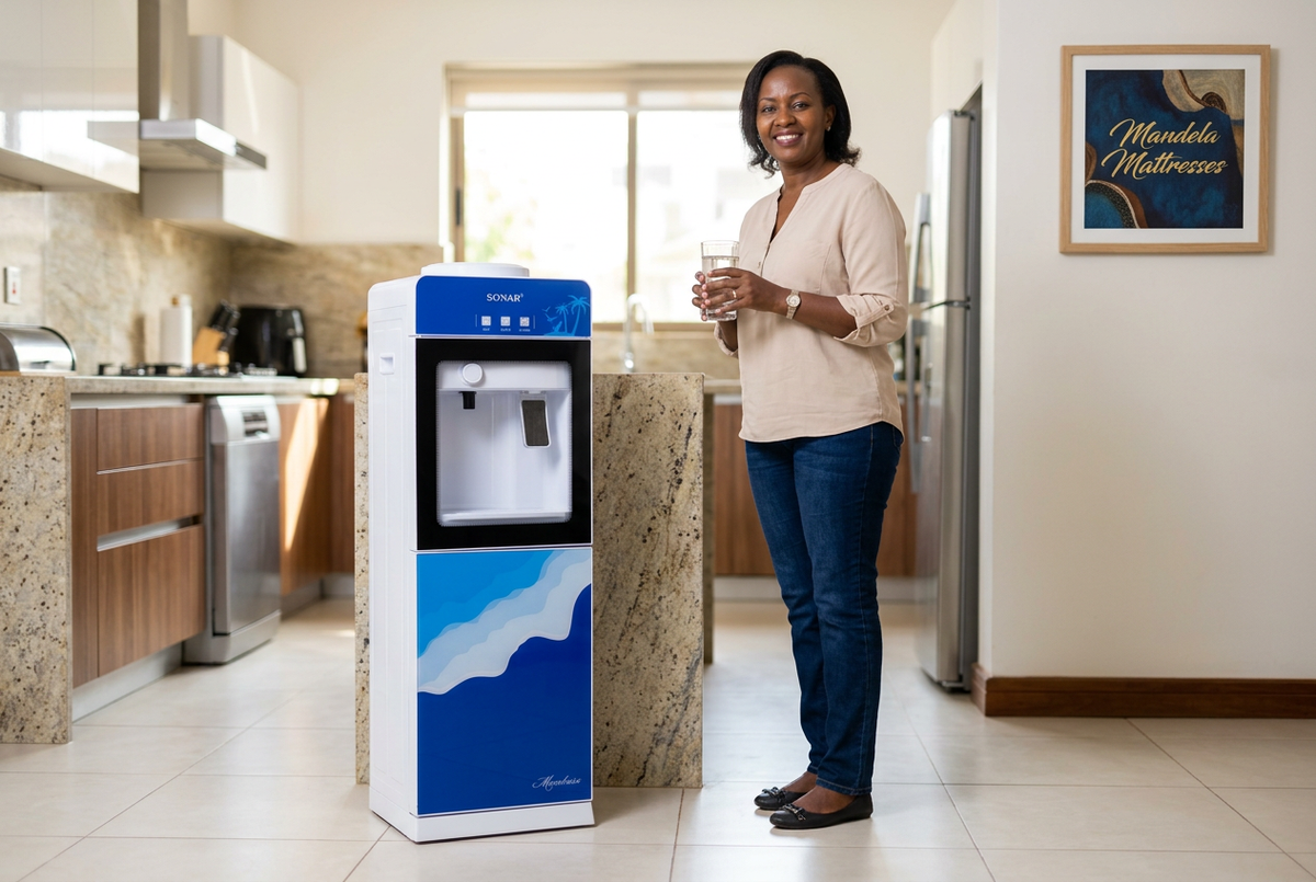 Blue Sonar G5C floor-standing dispenser in a Kenyan kitchen