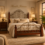 Ornate mahogany and metal bed in an elegant cream and gold bedroom