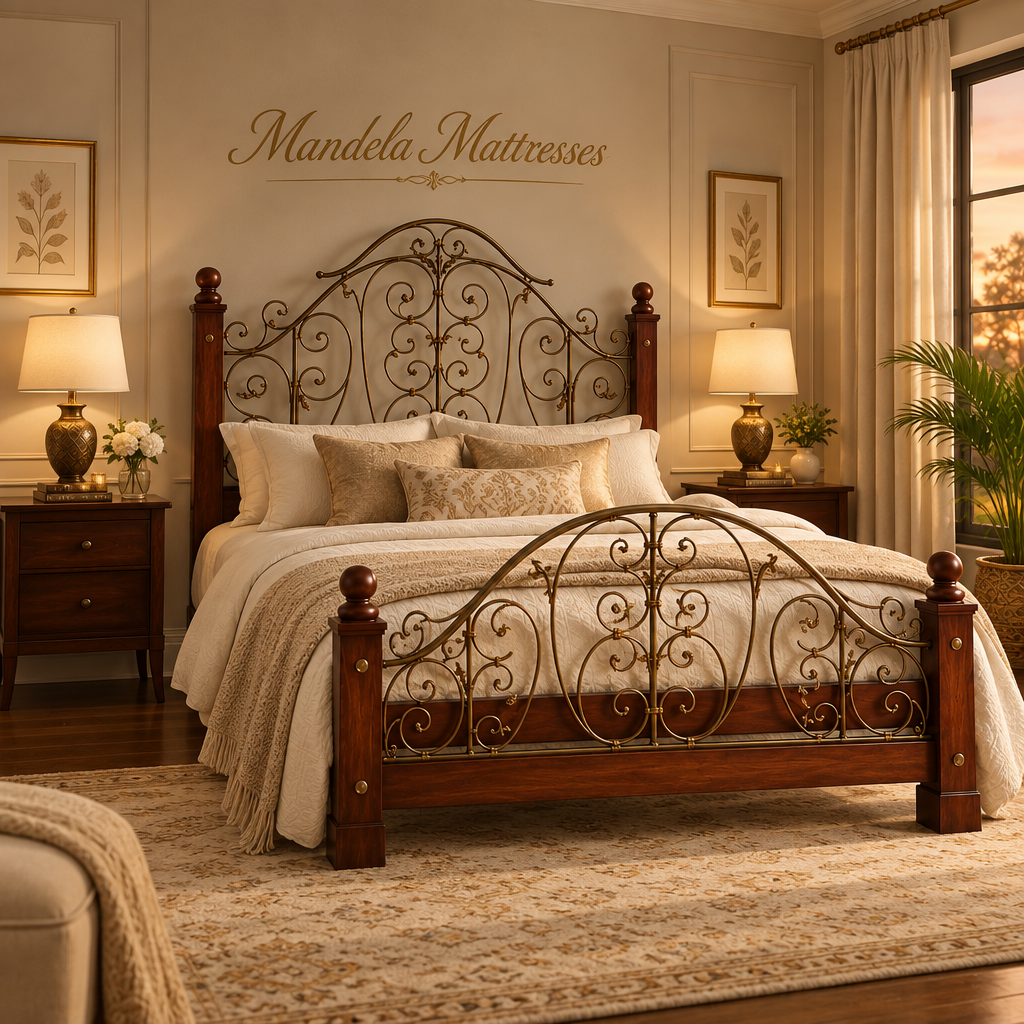 Ornate mahogany and metal bed in an elegant cream and gold bedroom