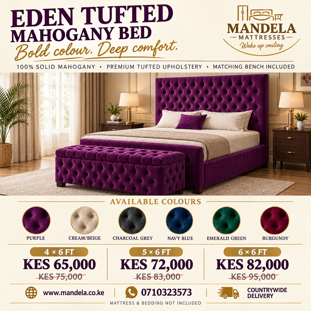 Eden tufted mahogany bed prices and available colours: Purple, Cream Beige, Charcoal Grey, Navy Blue, Emerald Green and Burgundy