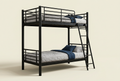 Black straight-frame steel double-decker bed with inclined ladder on ivory studio background