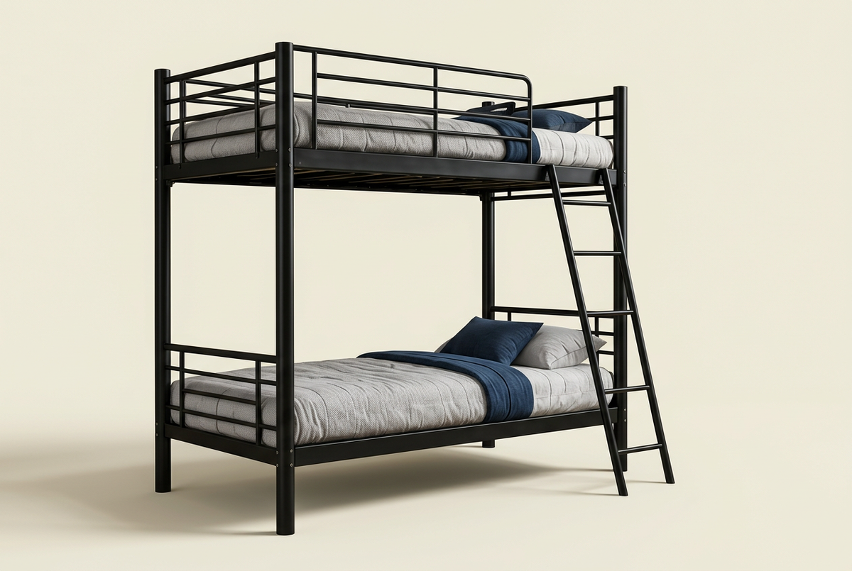 Black straight-frame steel double-decker bed with inclined ladder on ivory studio background