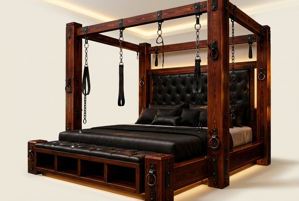 Upholstered Dominion mahogany canopy bed, optional foot bench storage and lighting pictured