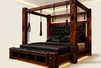 Upholstered Dominion mahogany canopy bed, optional foot bench storage and lighting pictured