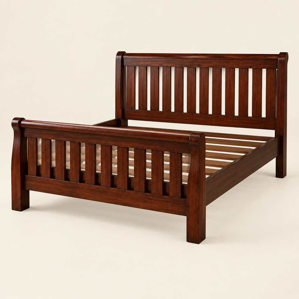 Solid mahogany Sleigh Mission Bed frame with curved rails and vertical slats, without mattress