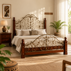 Ornate mahogany and metal bed styled in a contemporary Kenyan bedroom