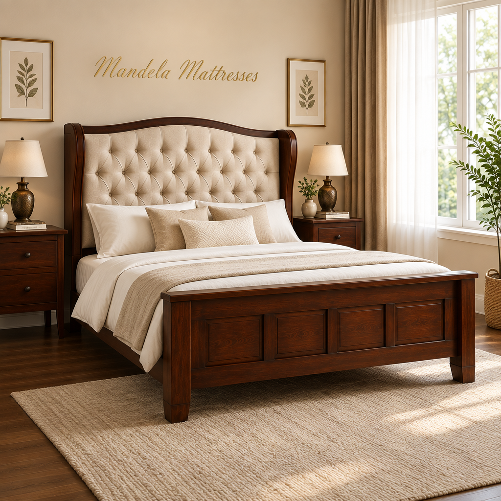 Button-tufted solid mahogany bed in a warm Mandela Mattresses bedroom