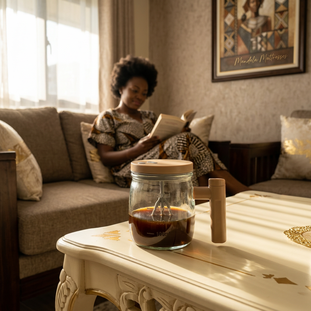 Beige self-stirring glass mug in a warm living room