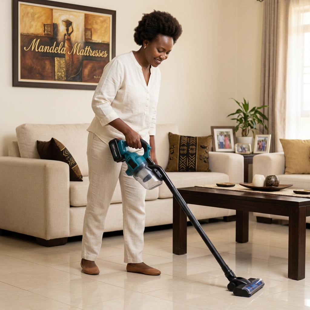 Cordless stick vacuum used on a tiled living-room floor