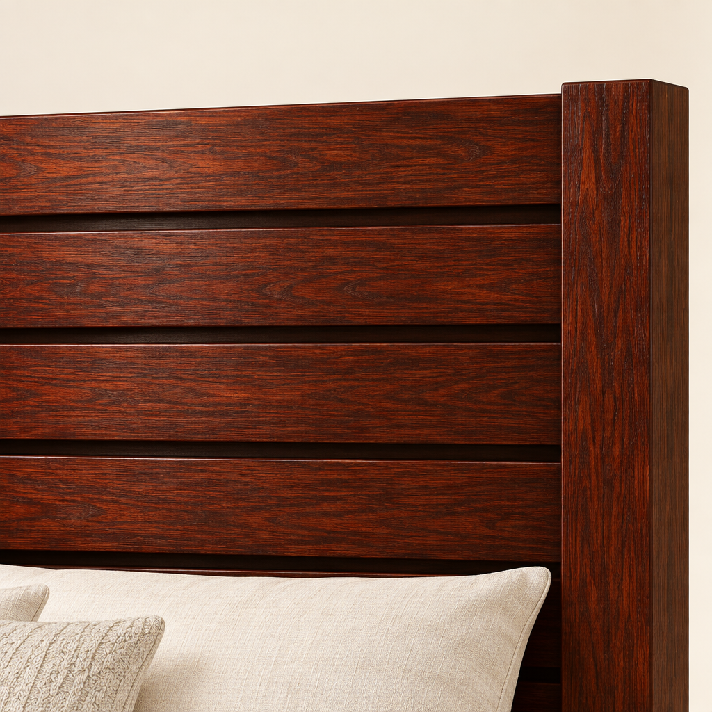 Close-up of the exact four horizontal mahogany headboard boards and square corner post