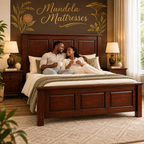 Kenyan couple relaxing on a modern solid mahogany panel bed; bedding and drawers not included