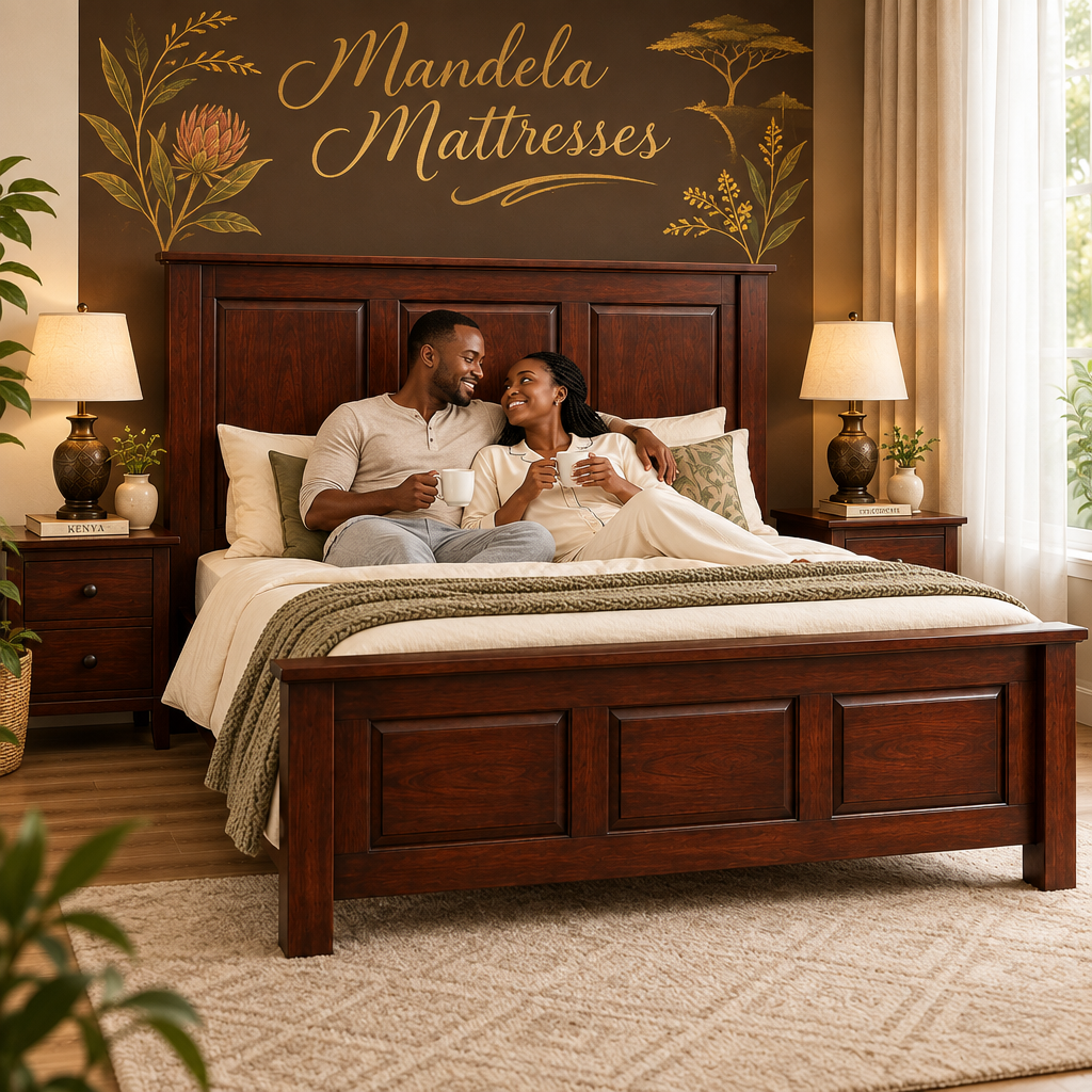 Kenyan couple relaxing on a modern solid mahogany panel bed; bedding and drawers not included