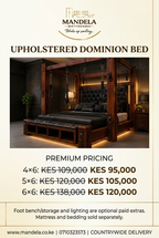 Upholstered Dominion Kenya prices 4×6 KES 95,000, 5×6 KES 105,000, 6×6 KES 120,000; bench storage and lighting extra