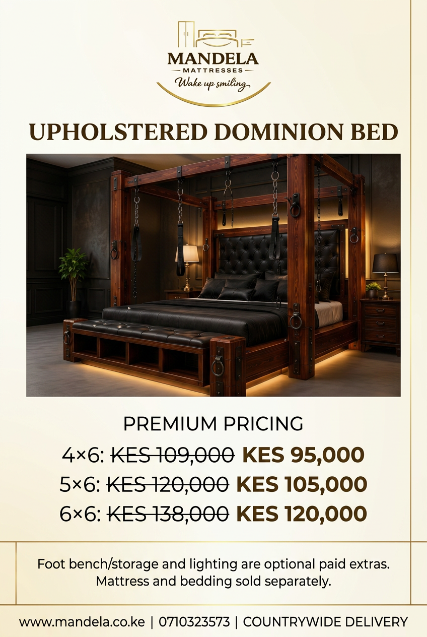 Upholstered Dominion Kenya prices 4×6 KES 95,000, 5×6 KES 105,000, 6×6 KES 120,000; bench storage and lighting extra