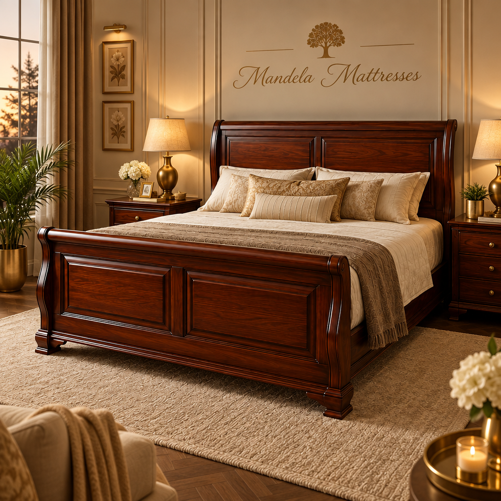 Classic raised-panel mahogany bed in an elegant cream and gold bedroom