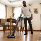 Teal-and-black cordless vacuum used beside a dining table