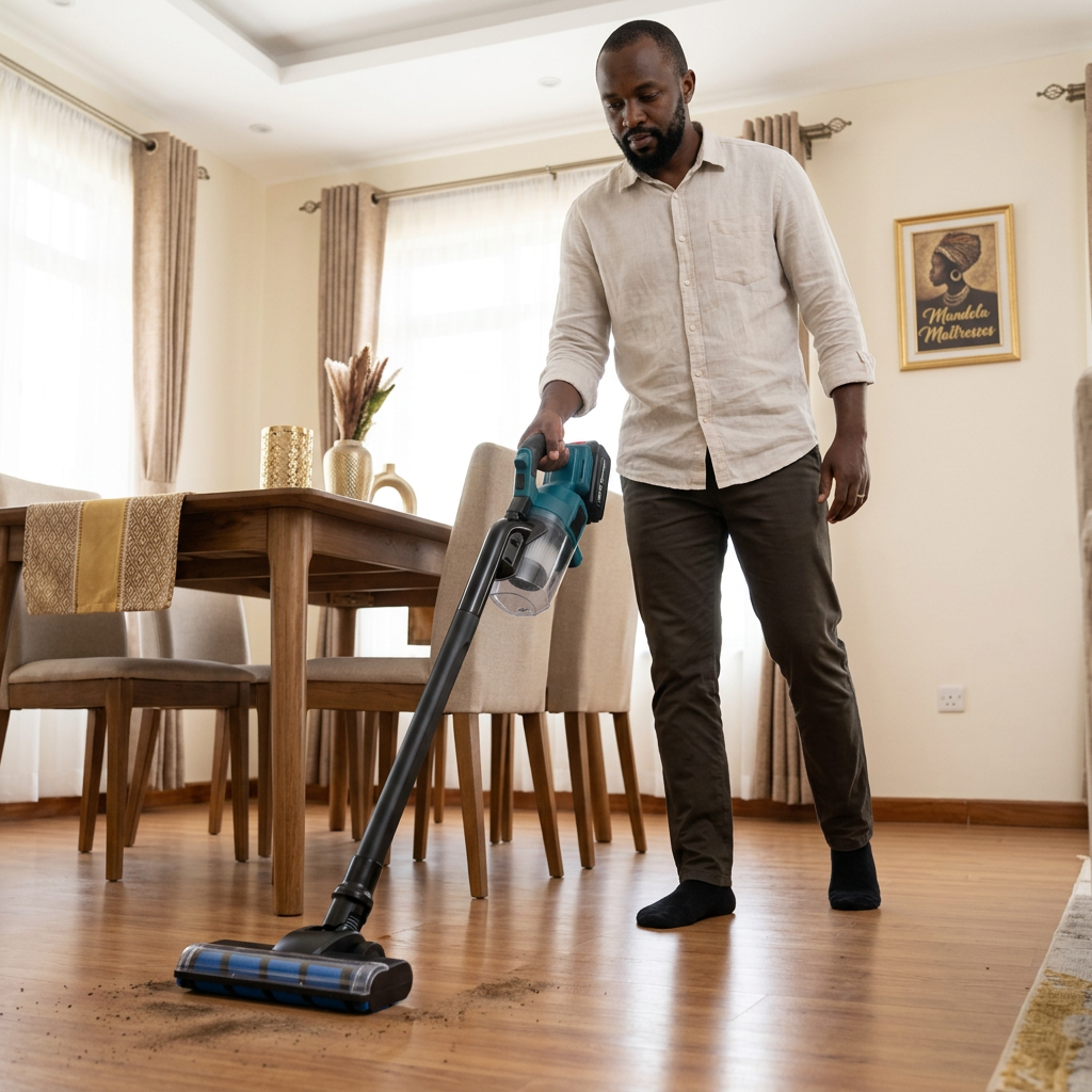 Teal-and-black cordless vacuum used beside a dining table