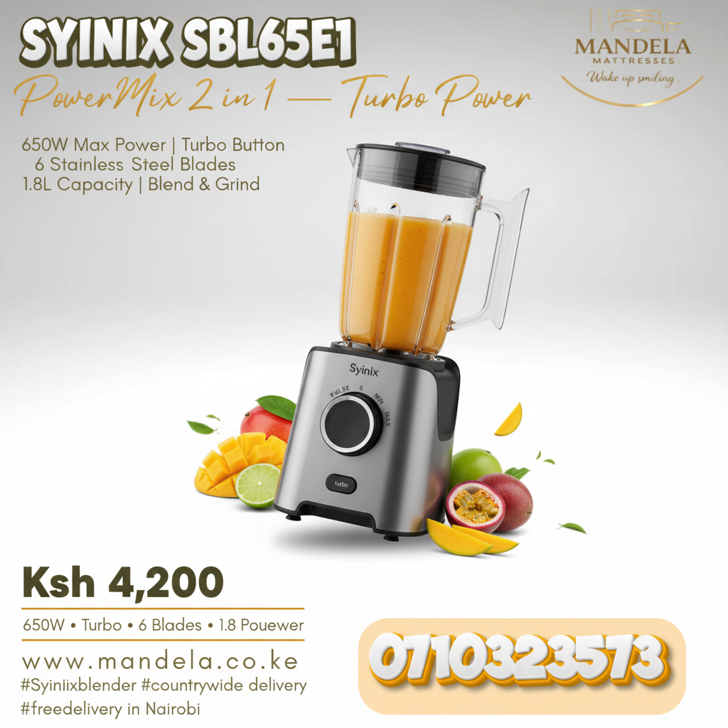 Syinix SBL65E1 PowerMix 2-in-1 Blender – 650W Turbo | 6 Blades | 1.8L