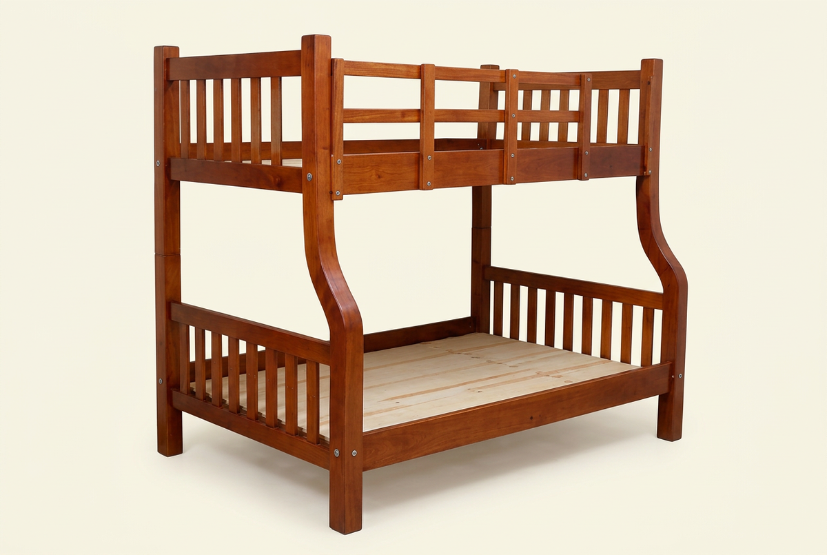 Mahogany double-decker frame with 4×6 lower and 3½×6 upper bunk