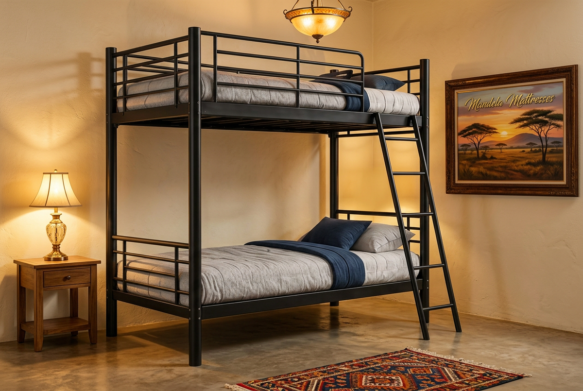 Black steel double-decker in warm evening guest bedroom