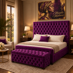 Eden tufted bed and bench with framed African portrait artwork reading Mandela Mattresses
